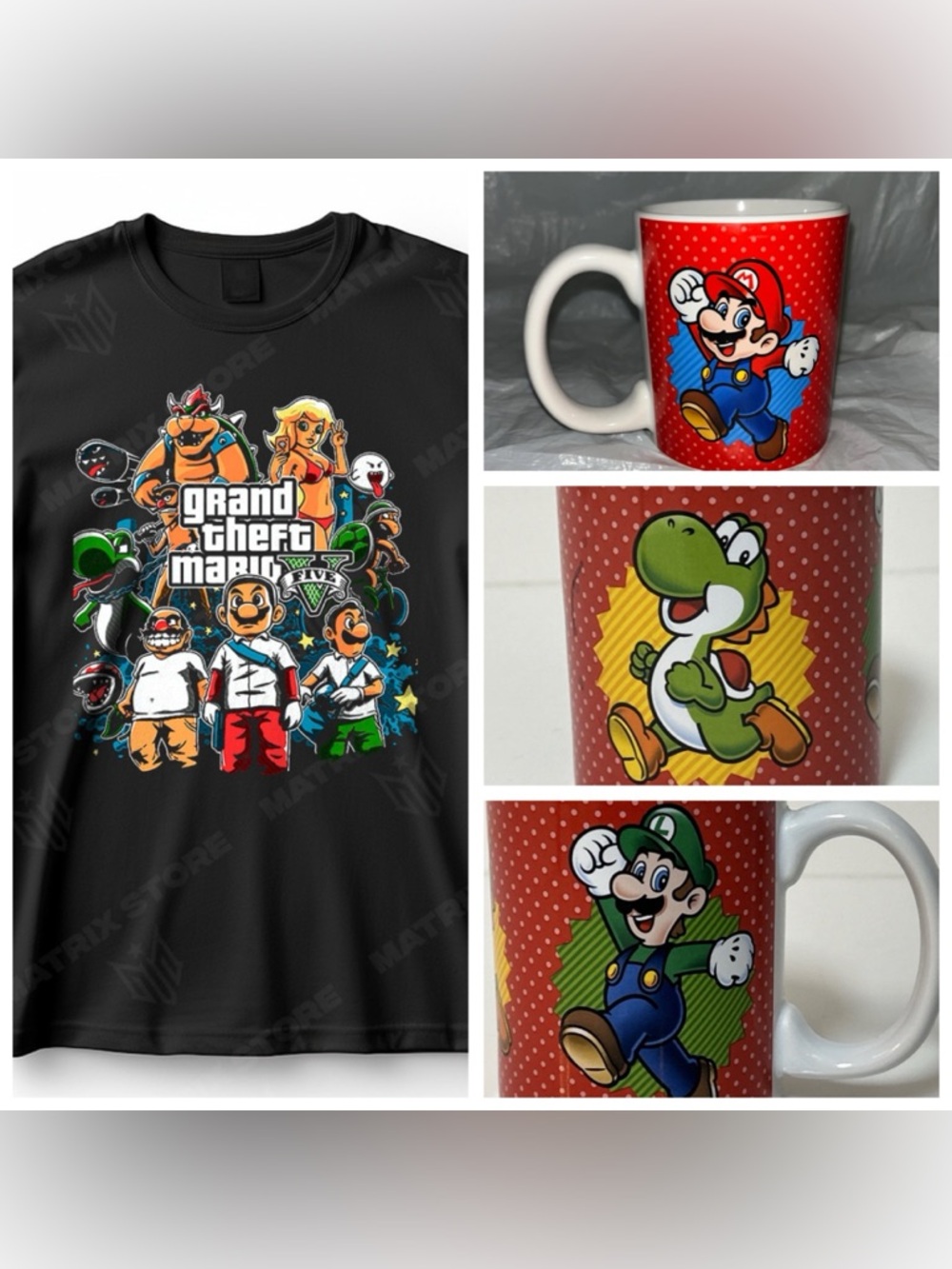 Nintendo Black Graphic Tee with Red Mario & Yoshi Character Mug Set